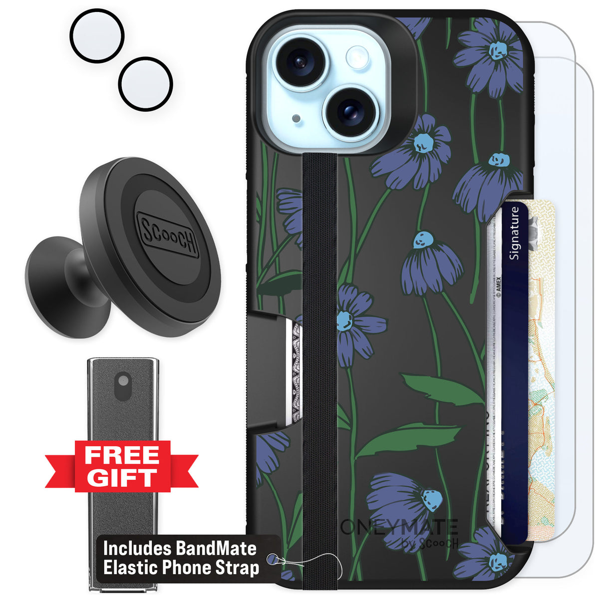 Scooch Moneymate Violet Daisy for iPhone 15 — Defender Bundle