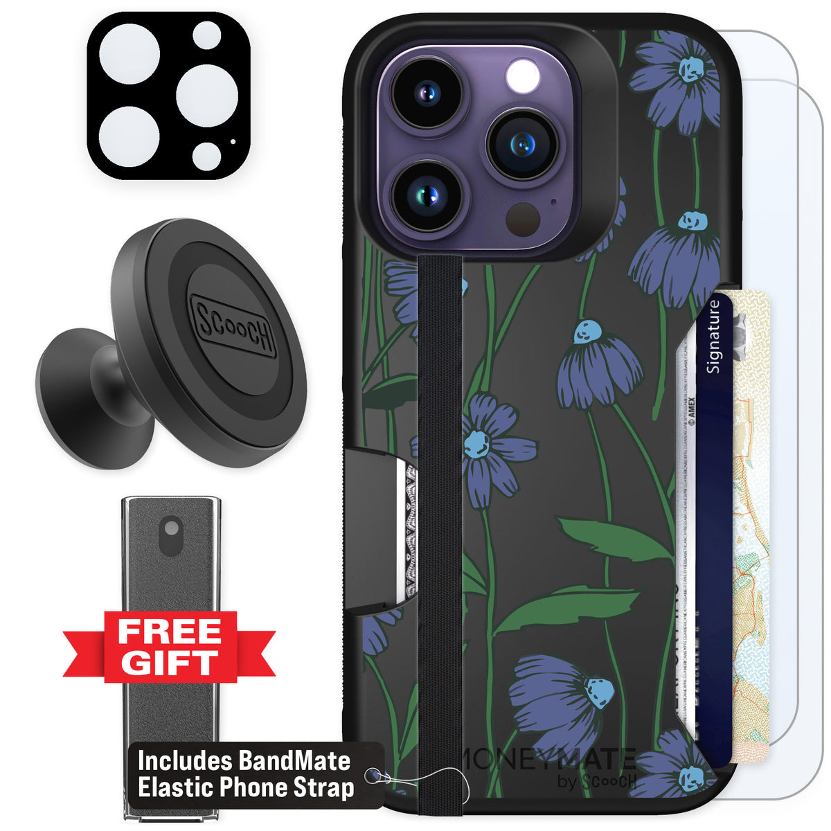 Scooch Moneymate Violet Daisy for iPhone 14 Pro — Defender Bundle