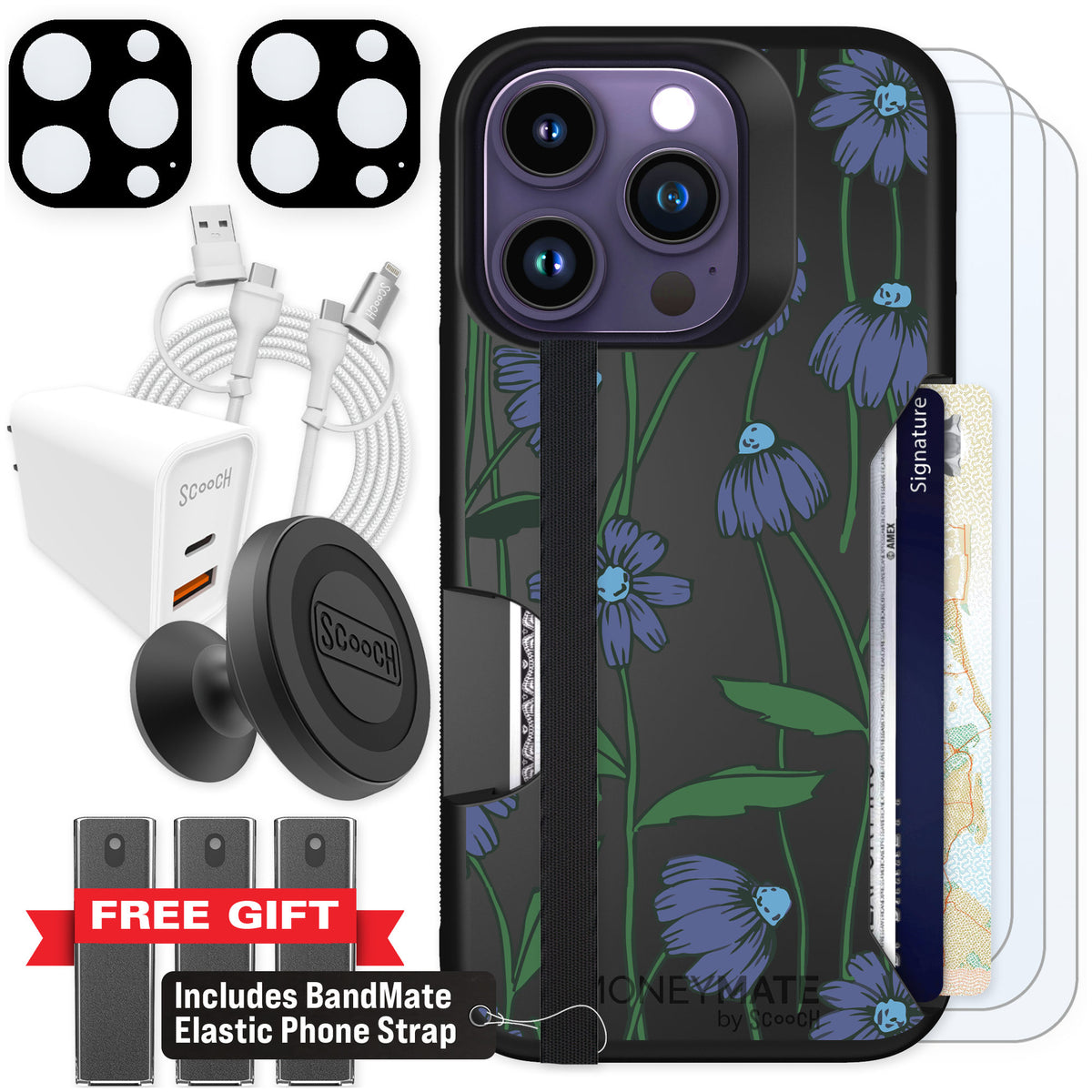 Scooch Moneymate Violet Daisy for iPhone 14 Pro — Ultimate Bundle