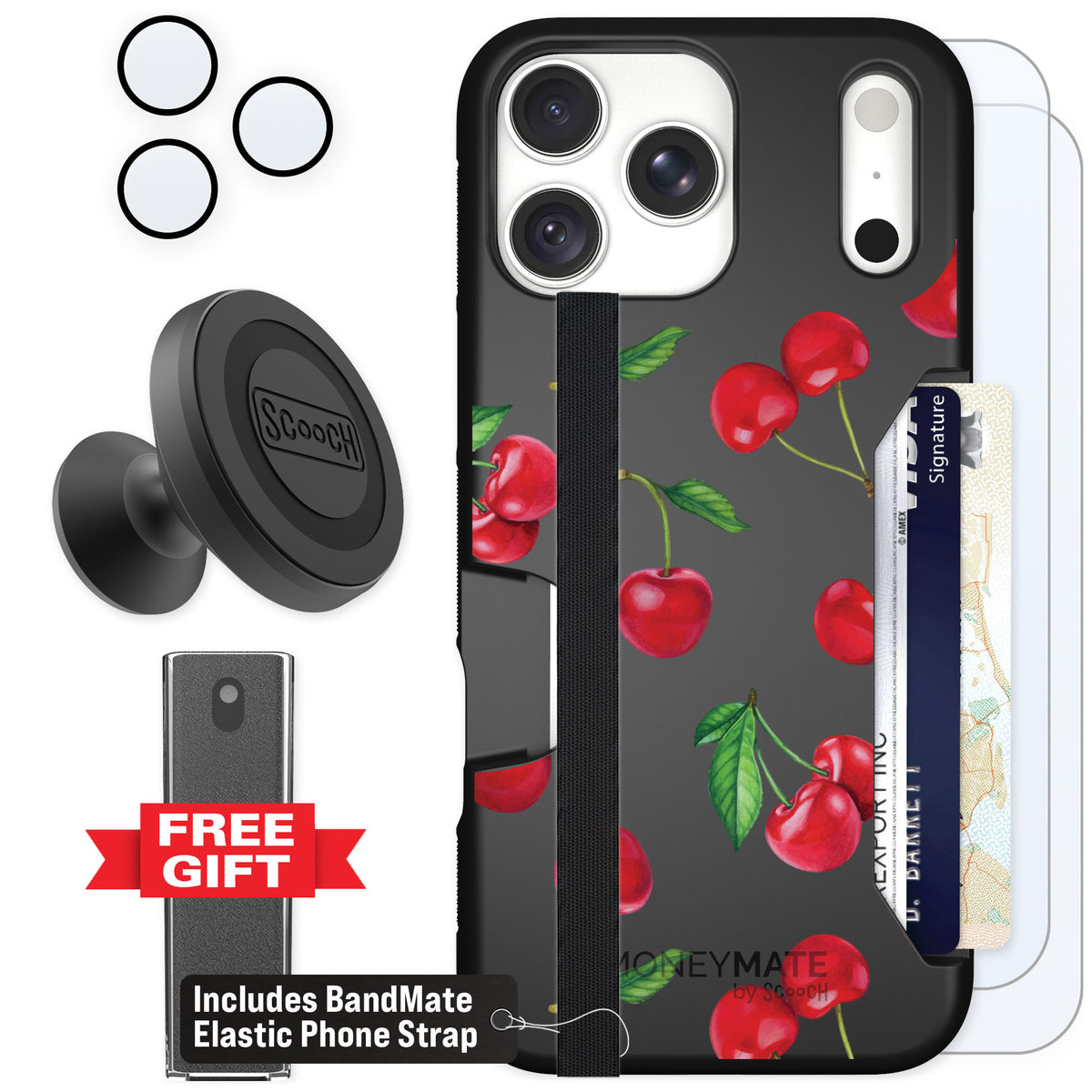 Scooch Moneymate Very Cherry for iPhone 18 Pro Max — Defender Bundle