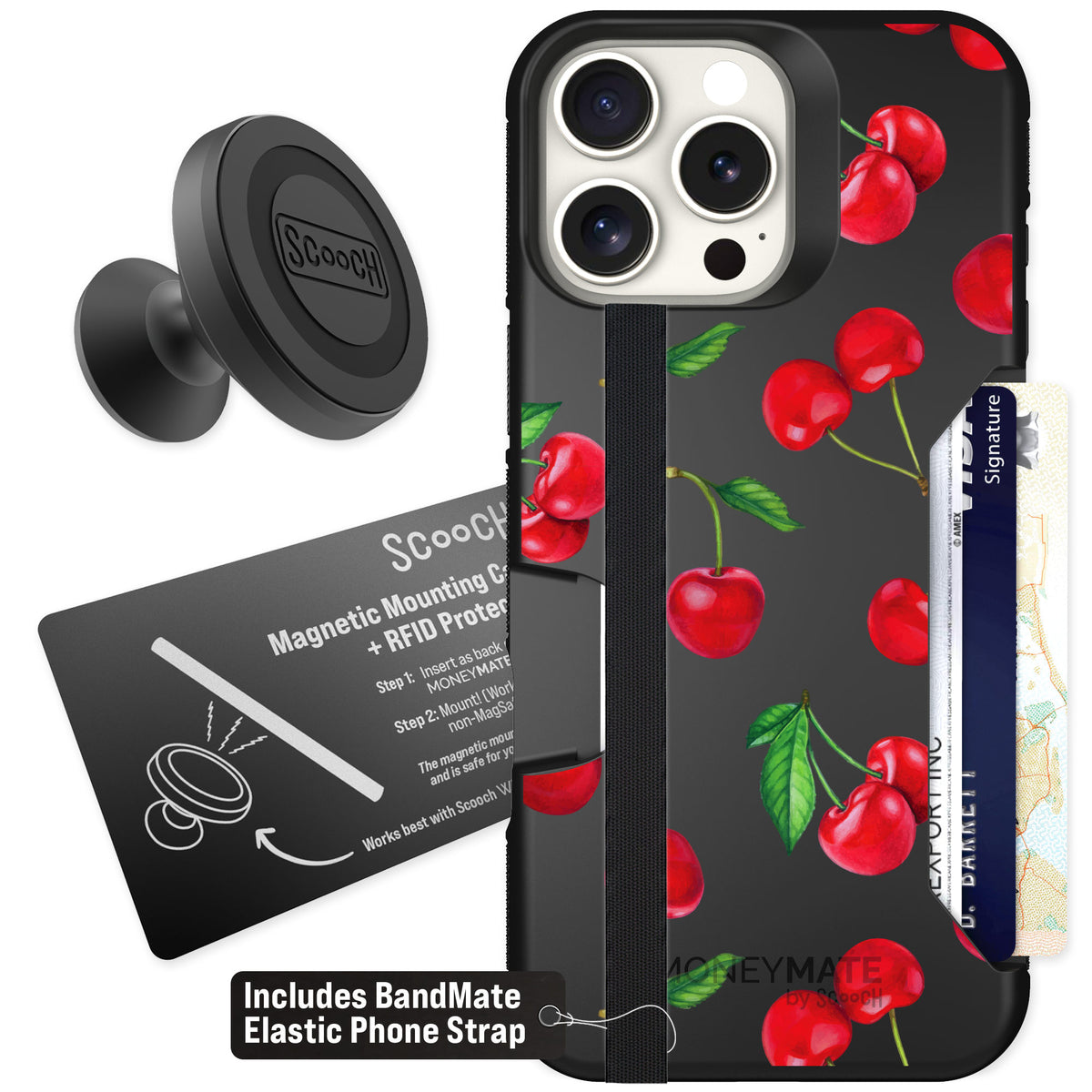 Scooch Moneymate Very Cherry for iPhone 16 Pro Max — Starter Bundle