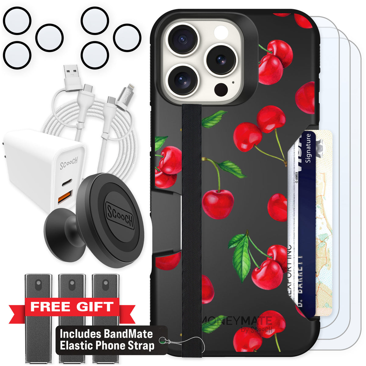 Scooch Moneymate Very Cherry for iPhone 16 Pro Max — Ultimate Bundle