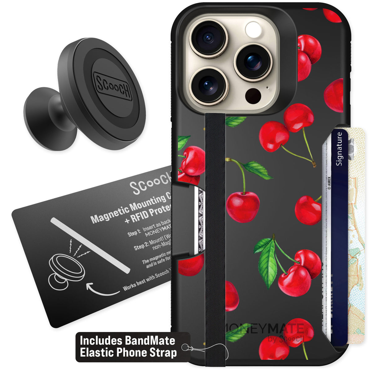 Scooch Moneymate Very Cherry for iPhone 15 Pro — Starter Bundle