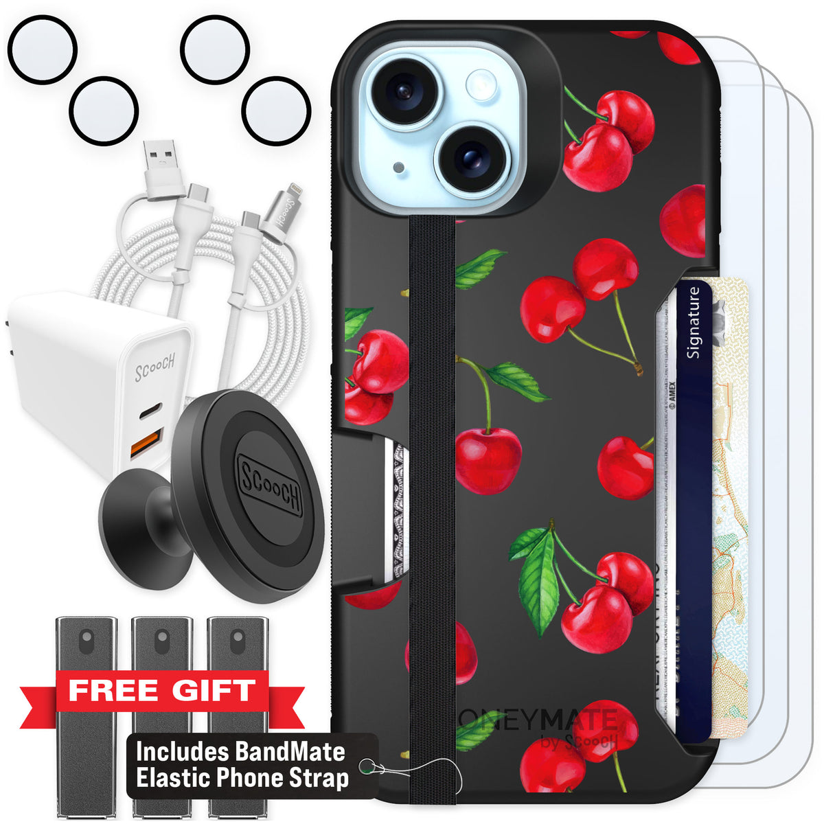 Scooch Moneymate Very Cherry for iPhone 15 — Ultimate Bundle