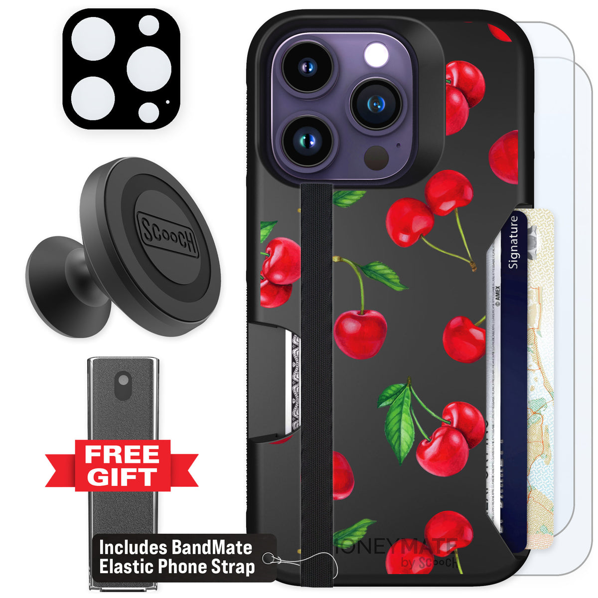 Scooch Moneymate Very Cherry for iPhone 14 Pro — Defender Bundle