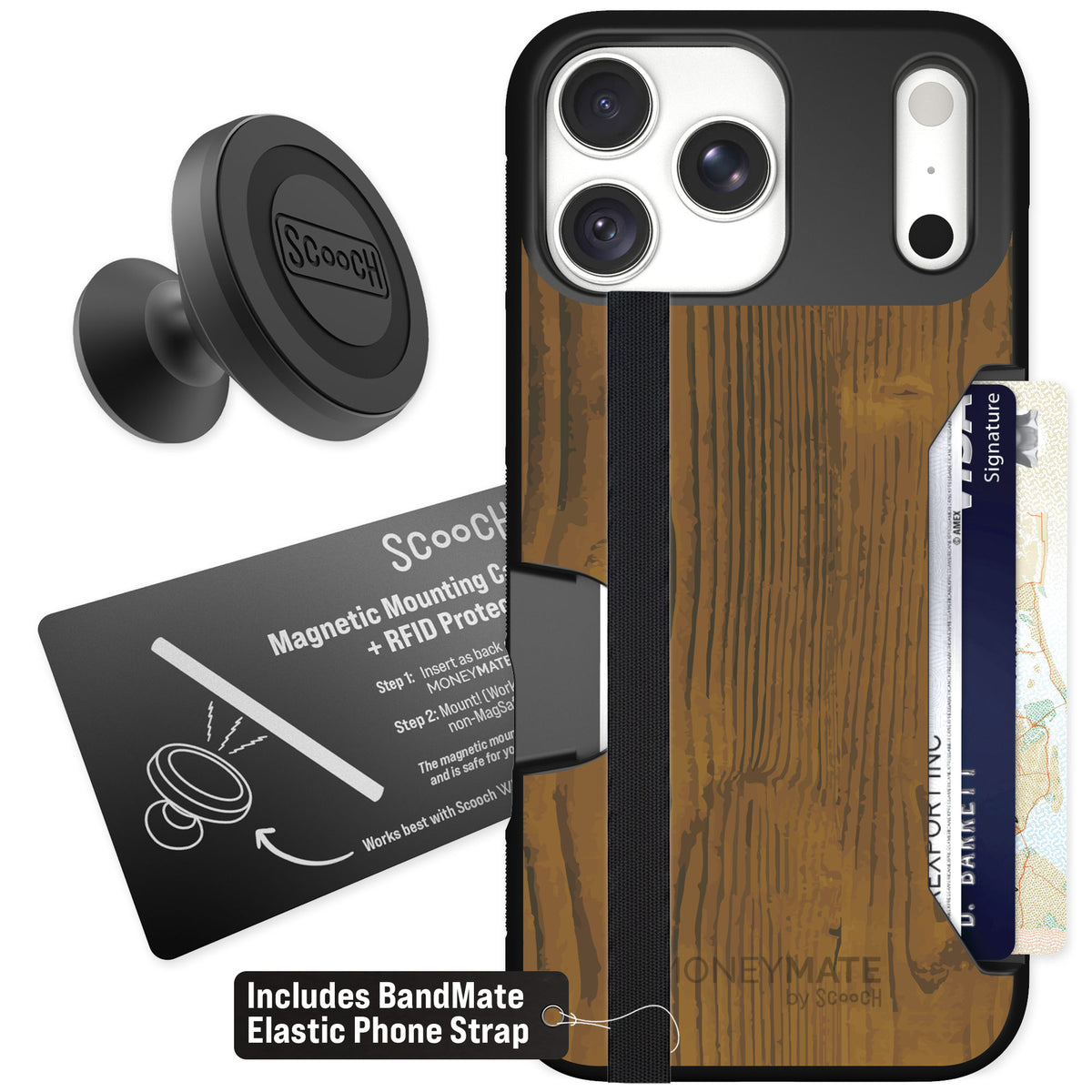 Scooch Moneymate Wood Grain for iPhone 18 Pro Max — Starter Bundle