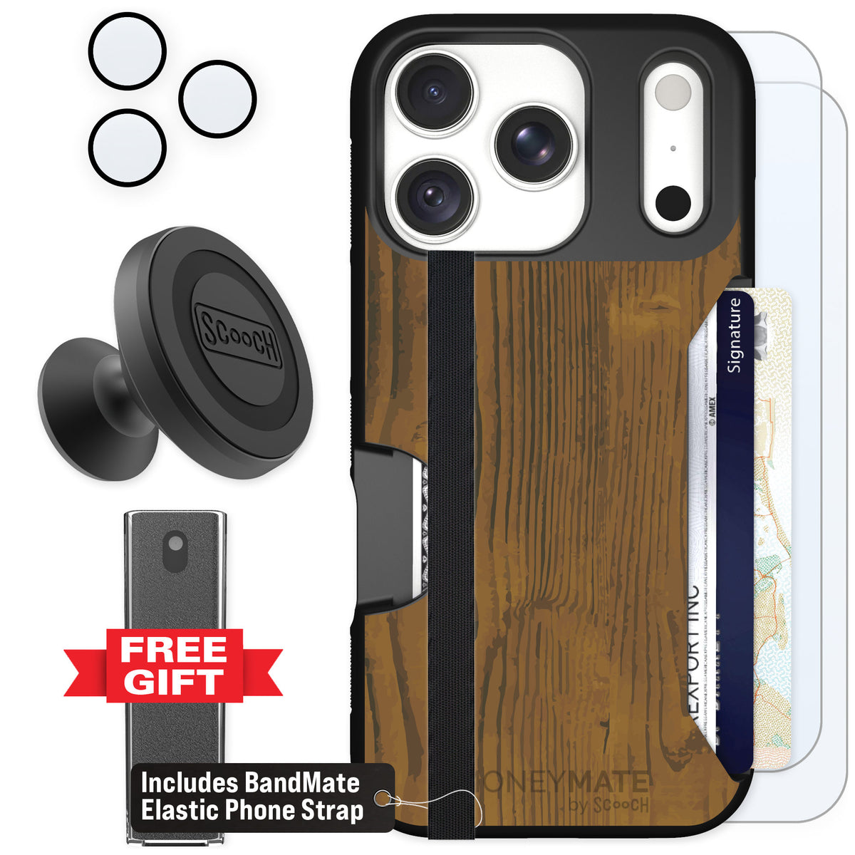Scooch Moneymate Wood Grain for iPhone 18 Pro — Defender Bundle