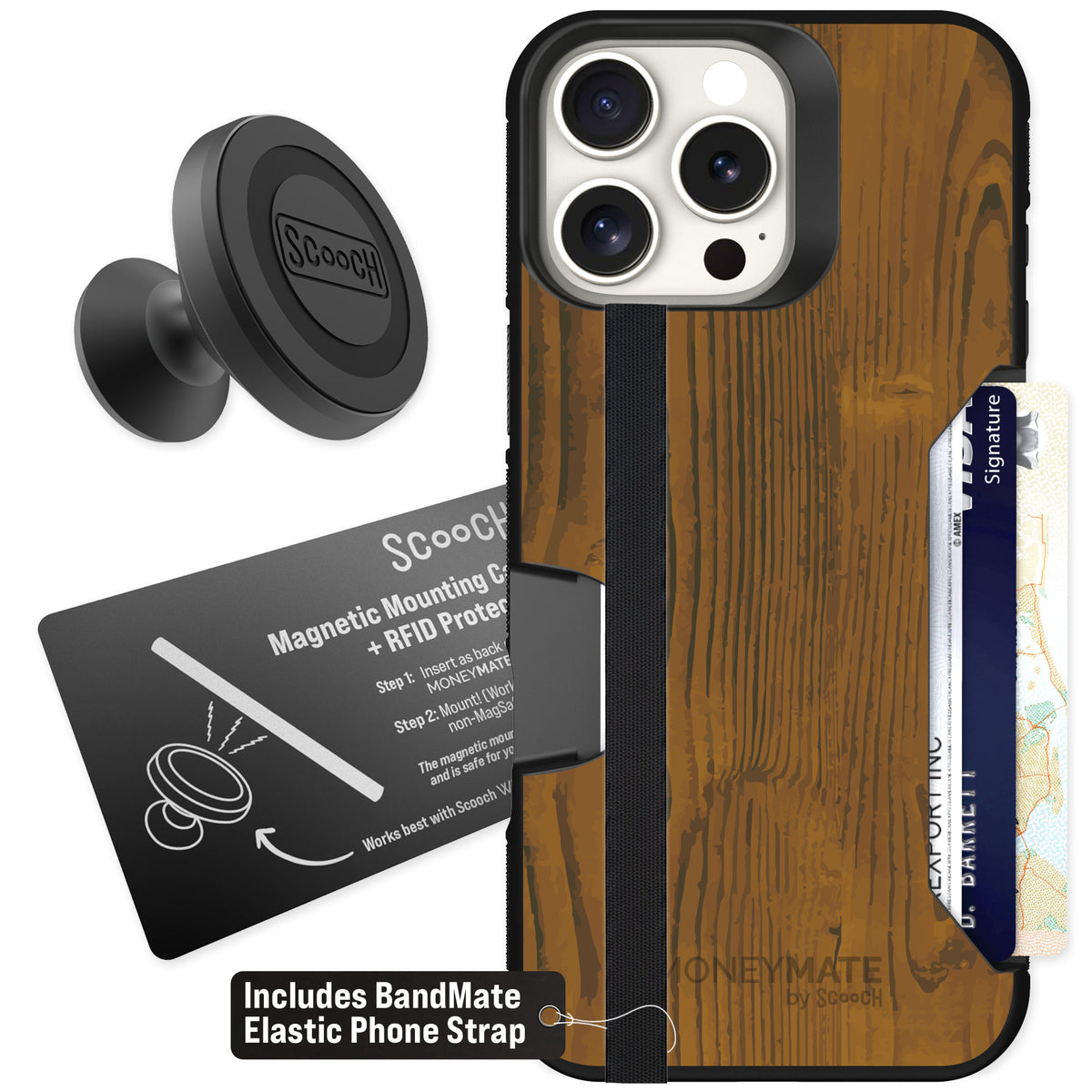 Scooch Moneymate Wood Grain for iPhone 16 Pro Max — Starter Bundle