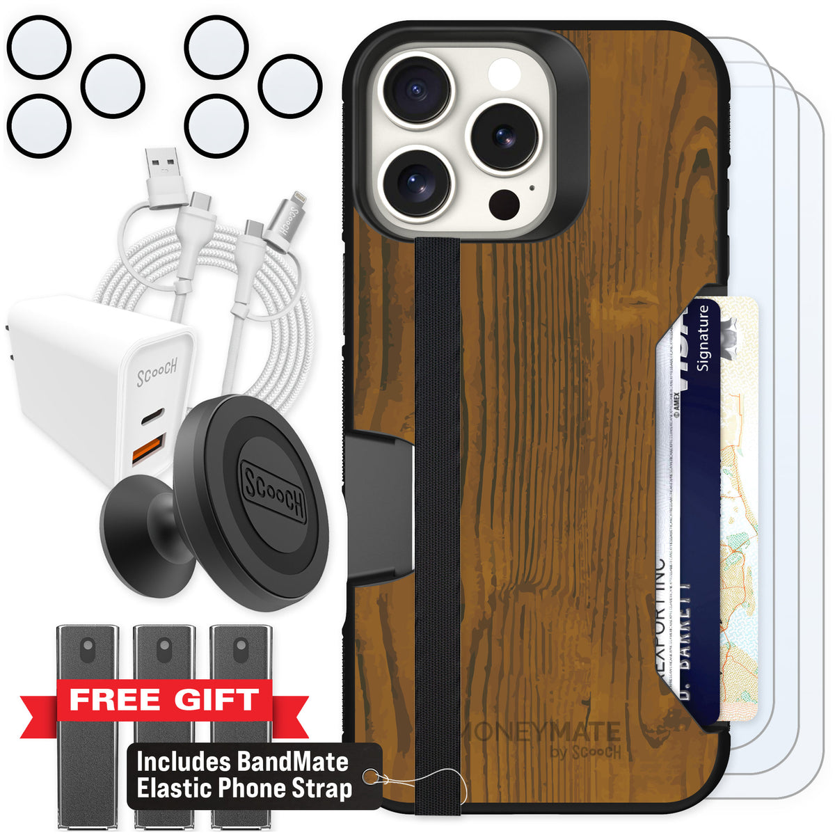 Scooch Moneymate Wood Grain for iPhone 16 Pro Max — Ultimate Bundle