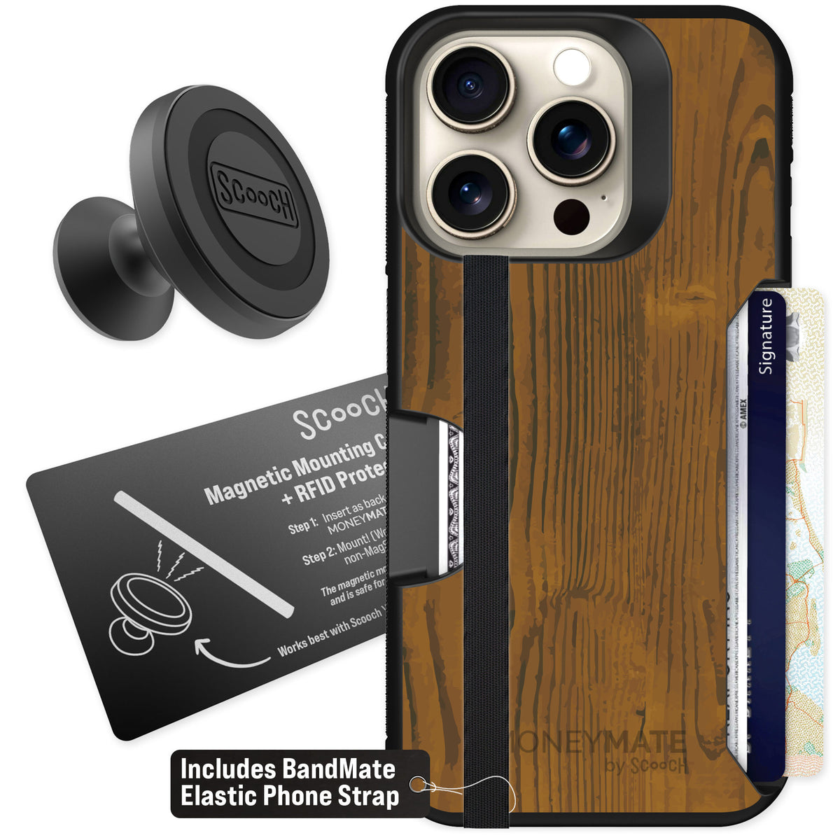 Scooch Moneymate Wood Grain for iPhone 15 Pro — Starter Bundle