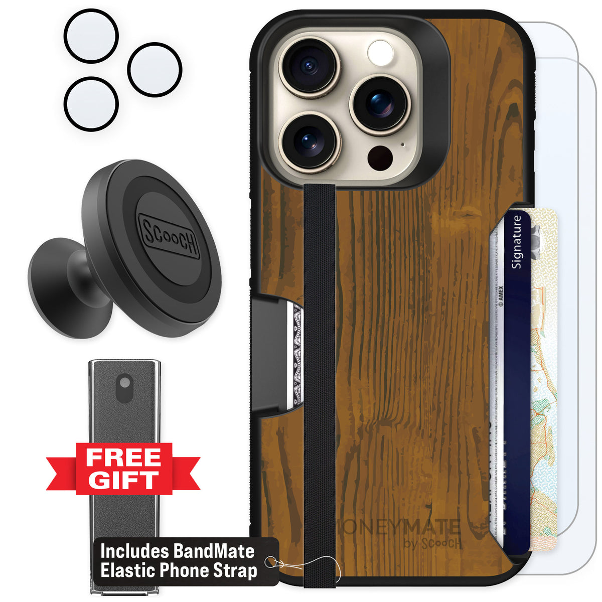 Scooch Moneymate Wood Grain for iPhone 15 Pro — Defender Bundle
