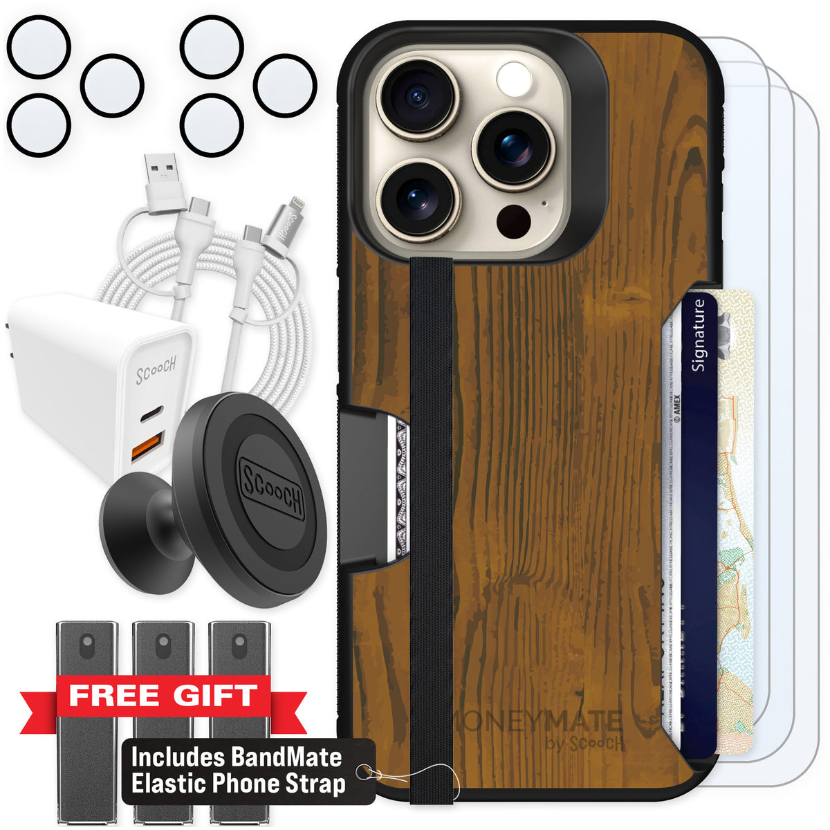 Scooch Moneymate Wood Grain for iPhone 15 Pro — Ultimate Bundle