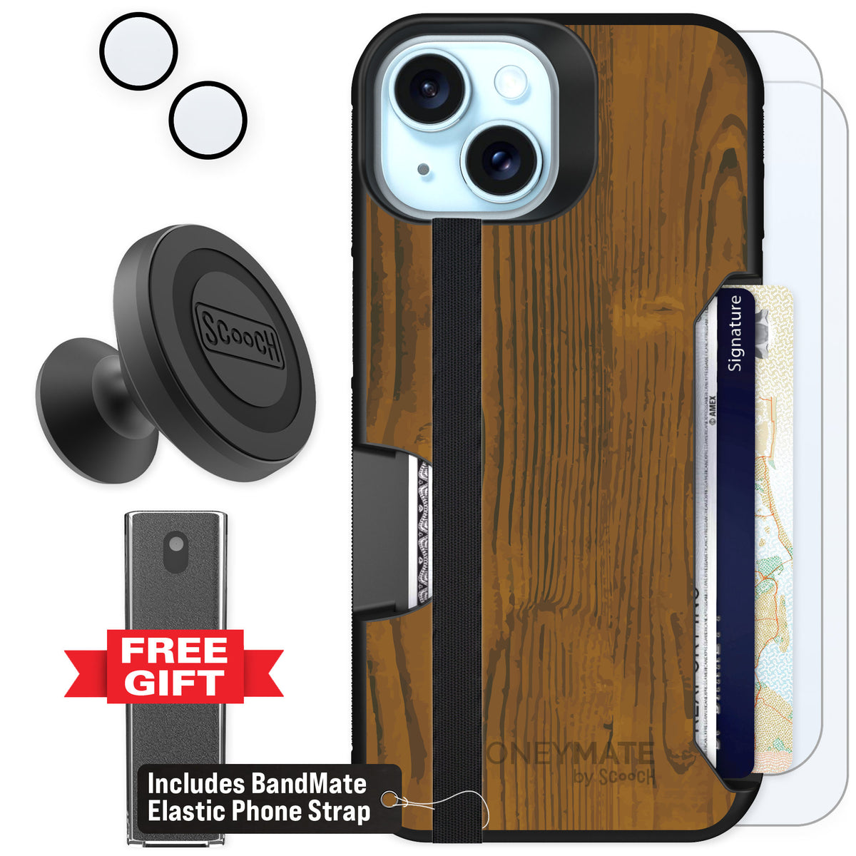 Scooch Moneymate Wood Grain for iPhone 15 — Defender Bundle