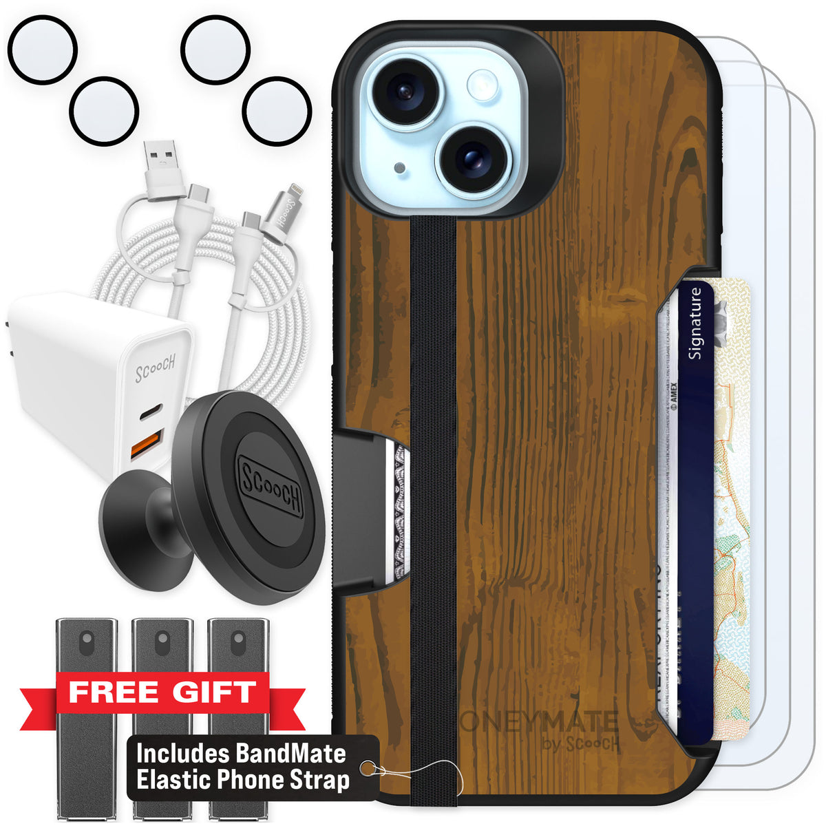 Scooch Moneymate Wood Grain for iPhone 15 — Ultimate Bundle
