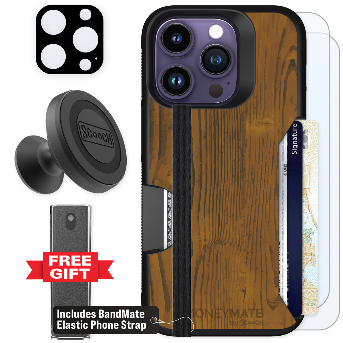 Scooch Moneymate Wood Grain for iPhone 14 Pro — Defender Bundle