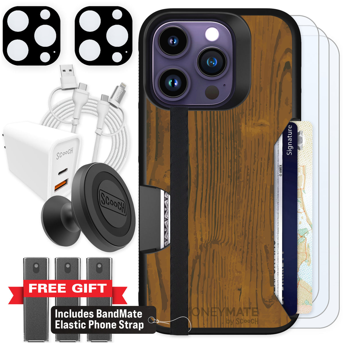 Scooch Moneymate Wood Grain for iPhone 14 Pro — Ultimate Bundle
