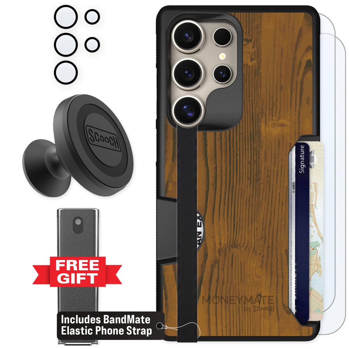 Scooch Moneymate Wood Grain for Galaxy S25 Ultra — Defender Bundle