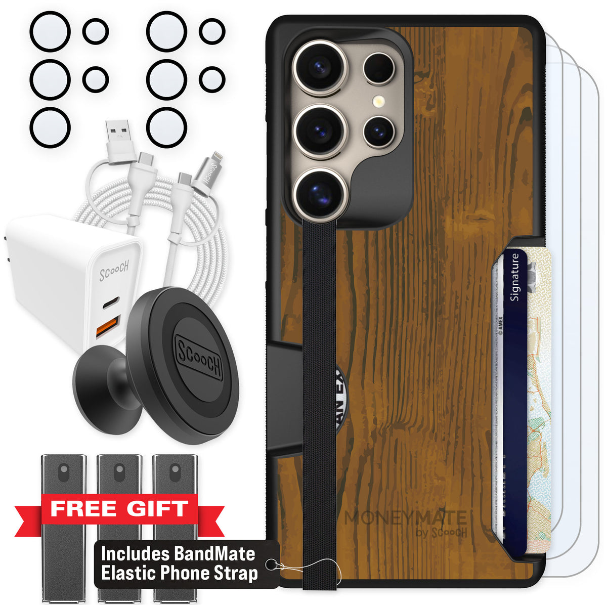 Scooch Moneymate Wood Grain for Galaxy S25 Ultra — Ultimate Bundle