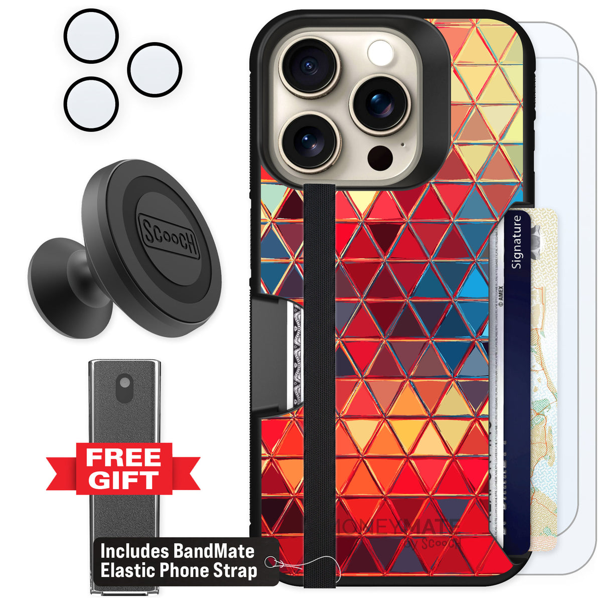 Scooch Moneymate Festive Glass for iPhone 15 Pro β Defender Bundle
