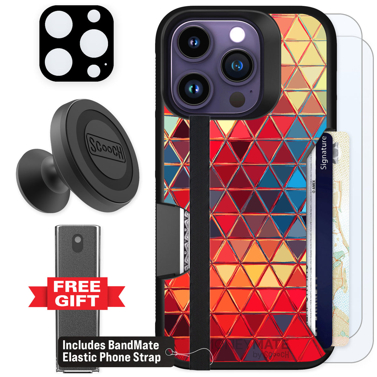 Scooch Moneymate Festive Glass for iPhone 14 Pro β Defender Bundle