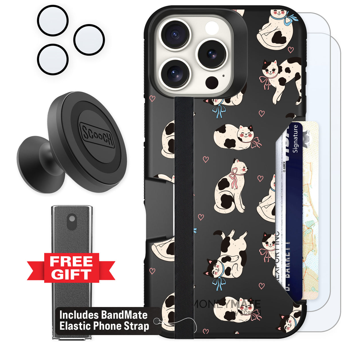 Scooch Moneymate Bow Kitties for iPhone 16 Pro Max β Defender Bundle