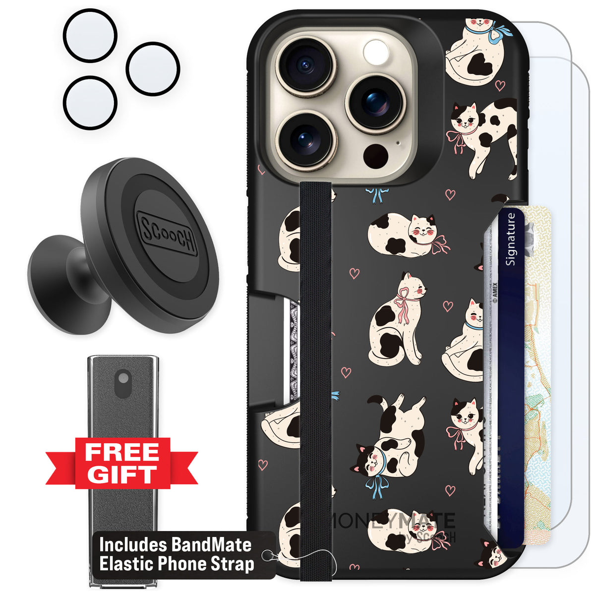 Scooch Moneymate Bow Kitties for iPhone 15 Pro β Defender Bundle
