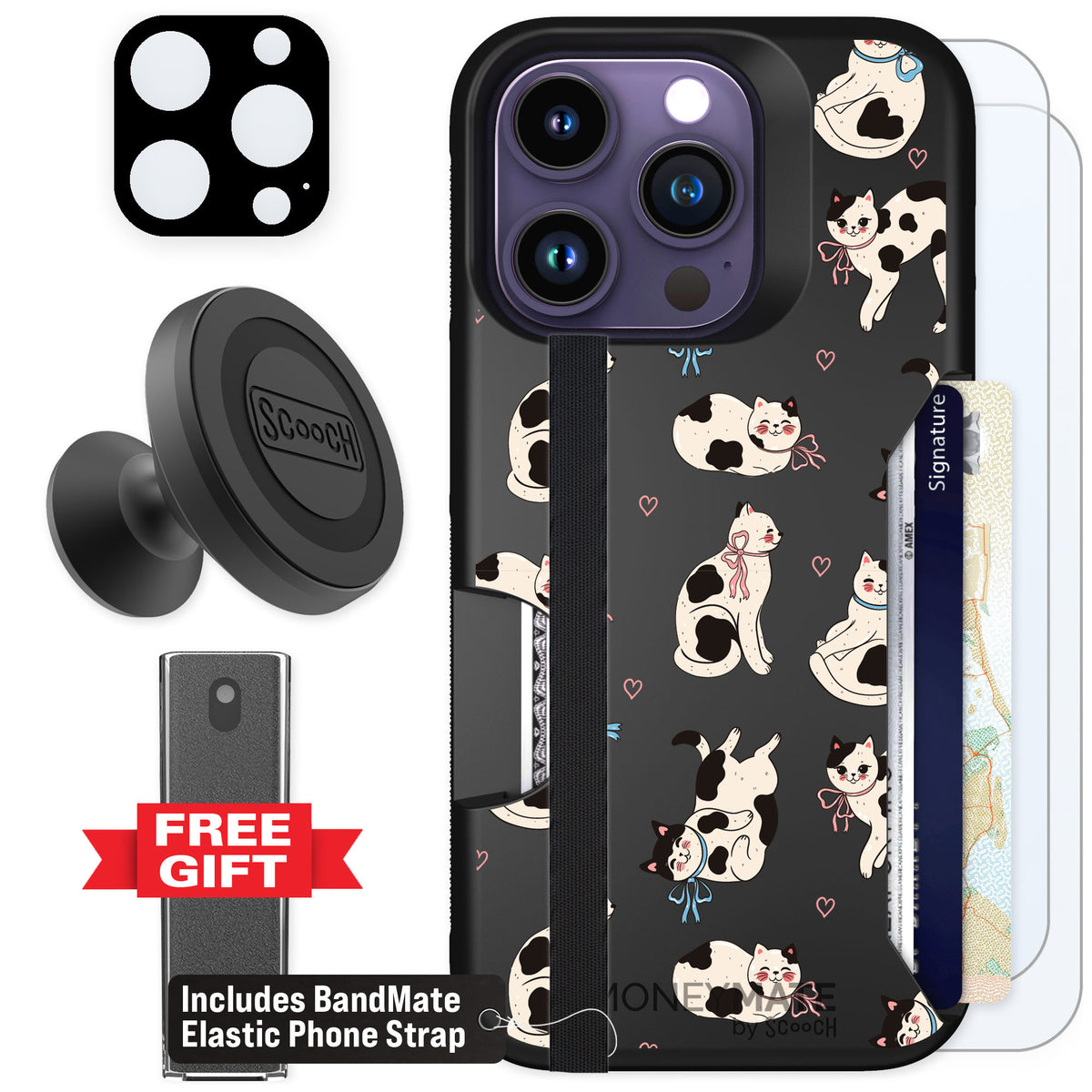 Scooch Moneymate Bow Kitties for iPhone 14 Pro β Defender Bundle