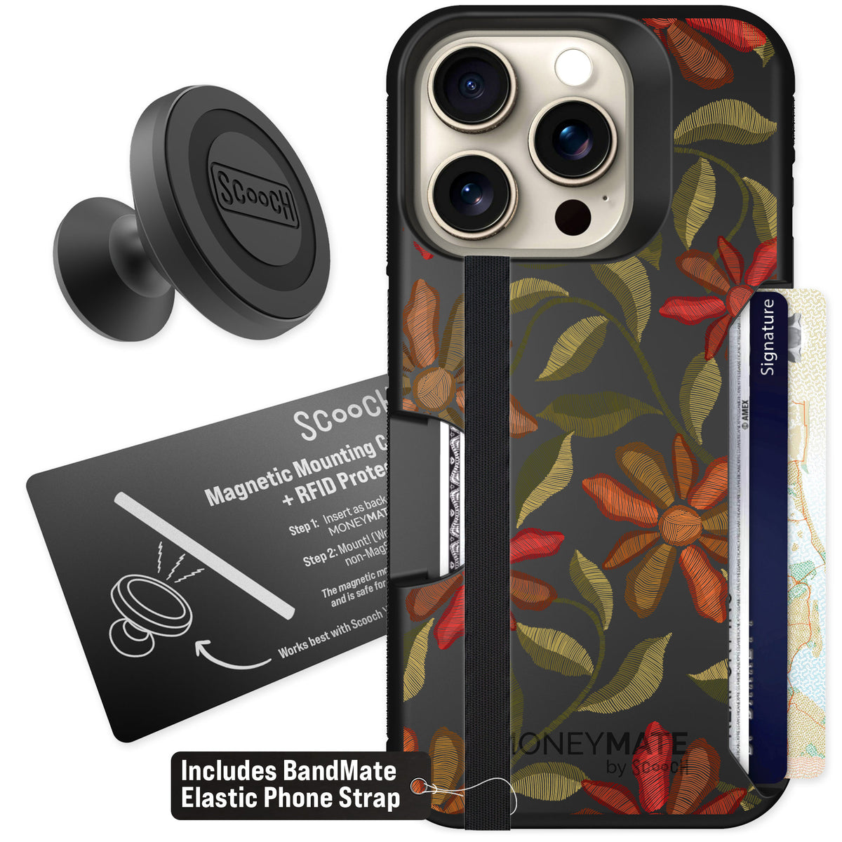 Scooch Moneymate Floral Tapestry for iPhone 15 Pro β Starter Bundle