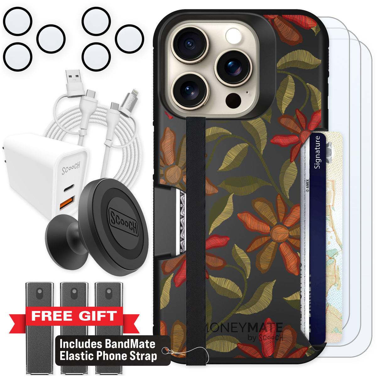 Scooch Moneymate Floral Tapestry for iPhone 15 Pro β Ultimate Bundle