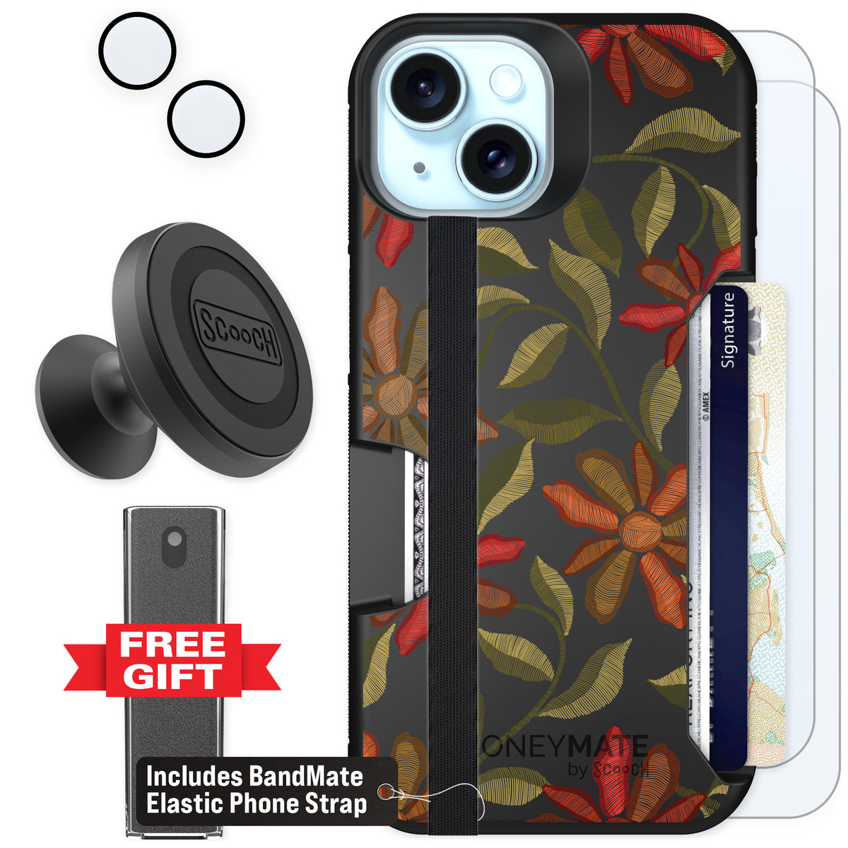 Scooch Moneymate Floral Tapestry for iPhone 15 β Defender Bundle