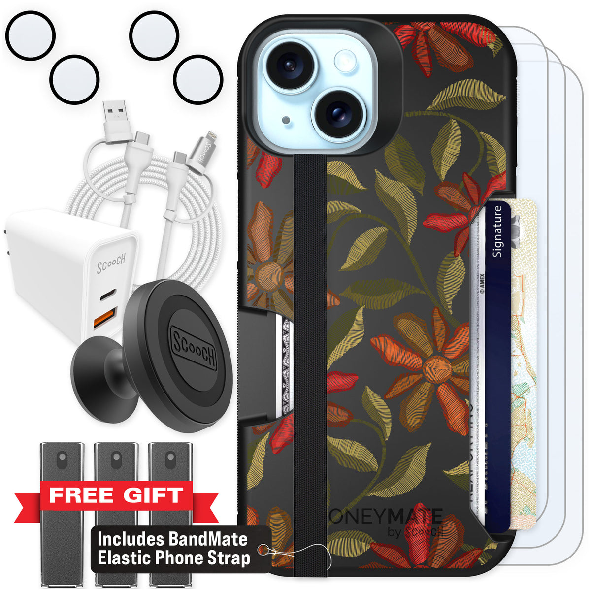 Scooch Moneymate Floral Tapestry for iPhone 15 β Ultimate Bundle