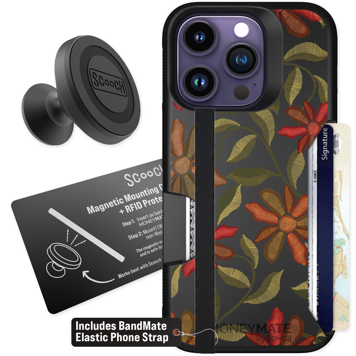 Scooch Moneymate Floral Tapestry for iPhone 14 Pro β Starter Bundle