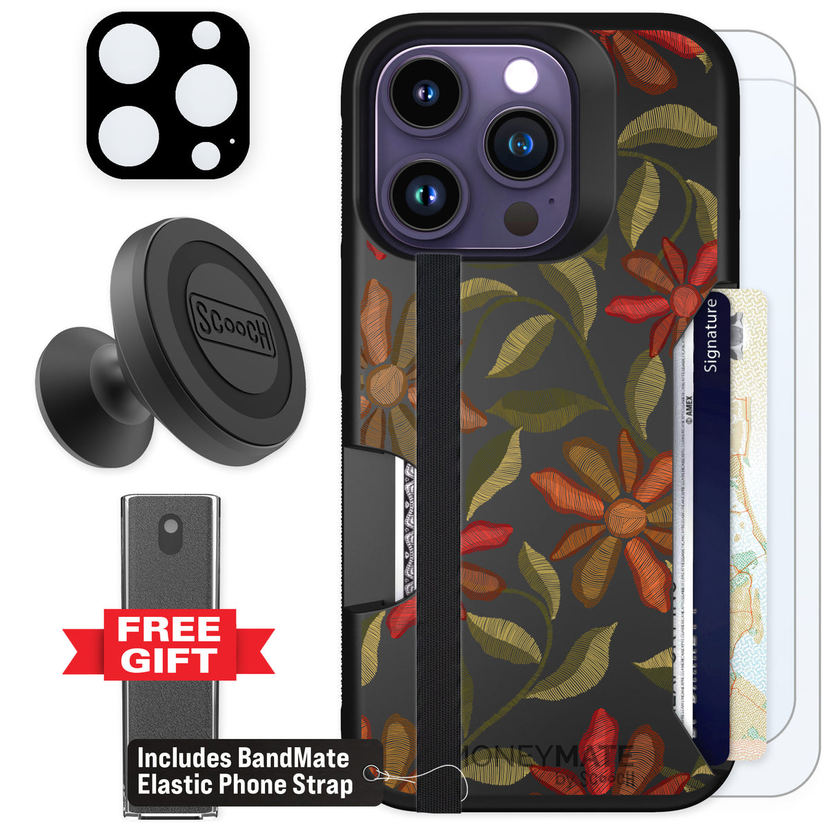 Scooch Moneymate Floral Tapestry for iPhone 14 Pro β Defender Bundle