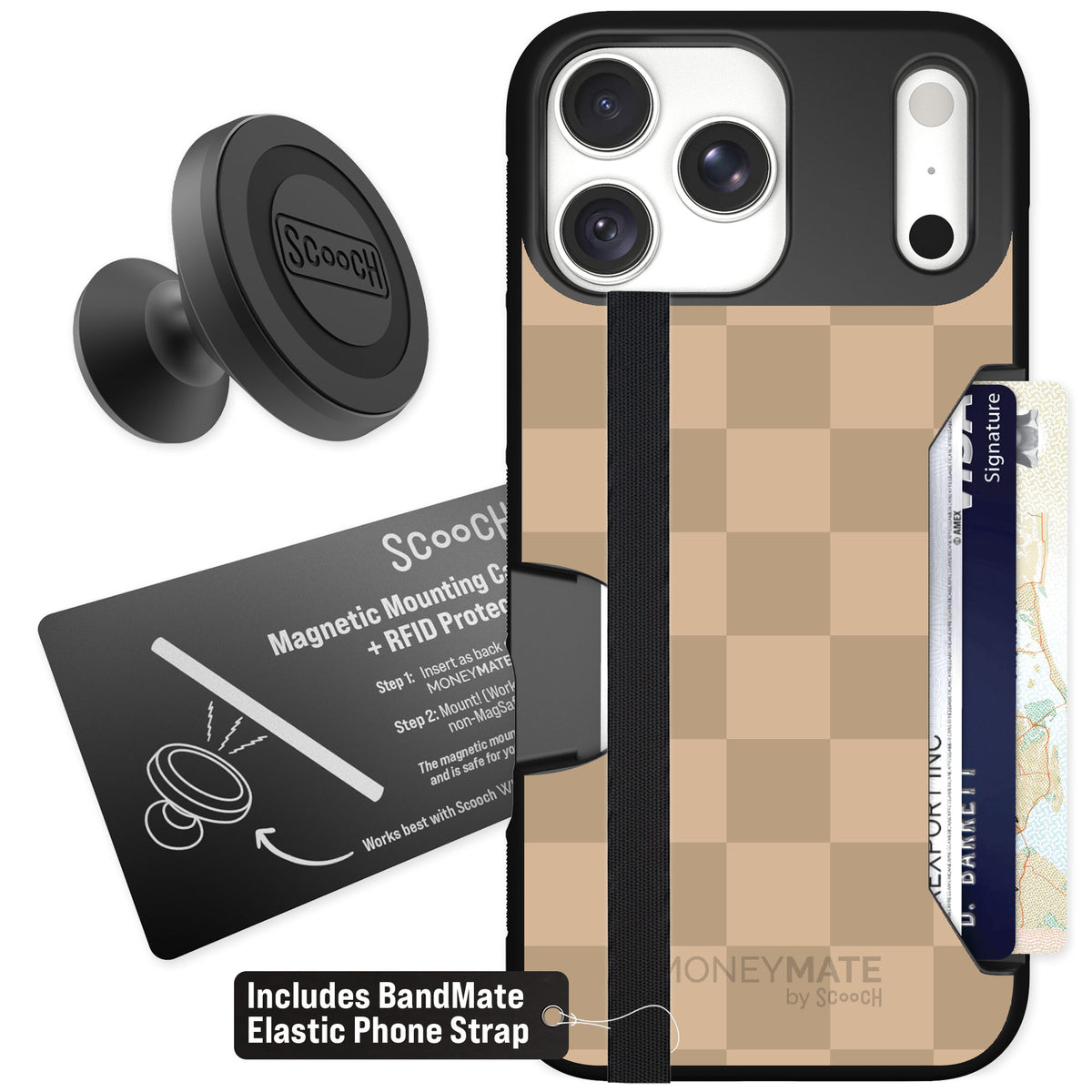 Scooch Moneymate Checkered Beige for iPhone 18 Pro Max β Starter Bundle