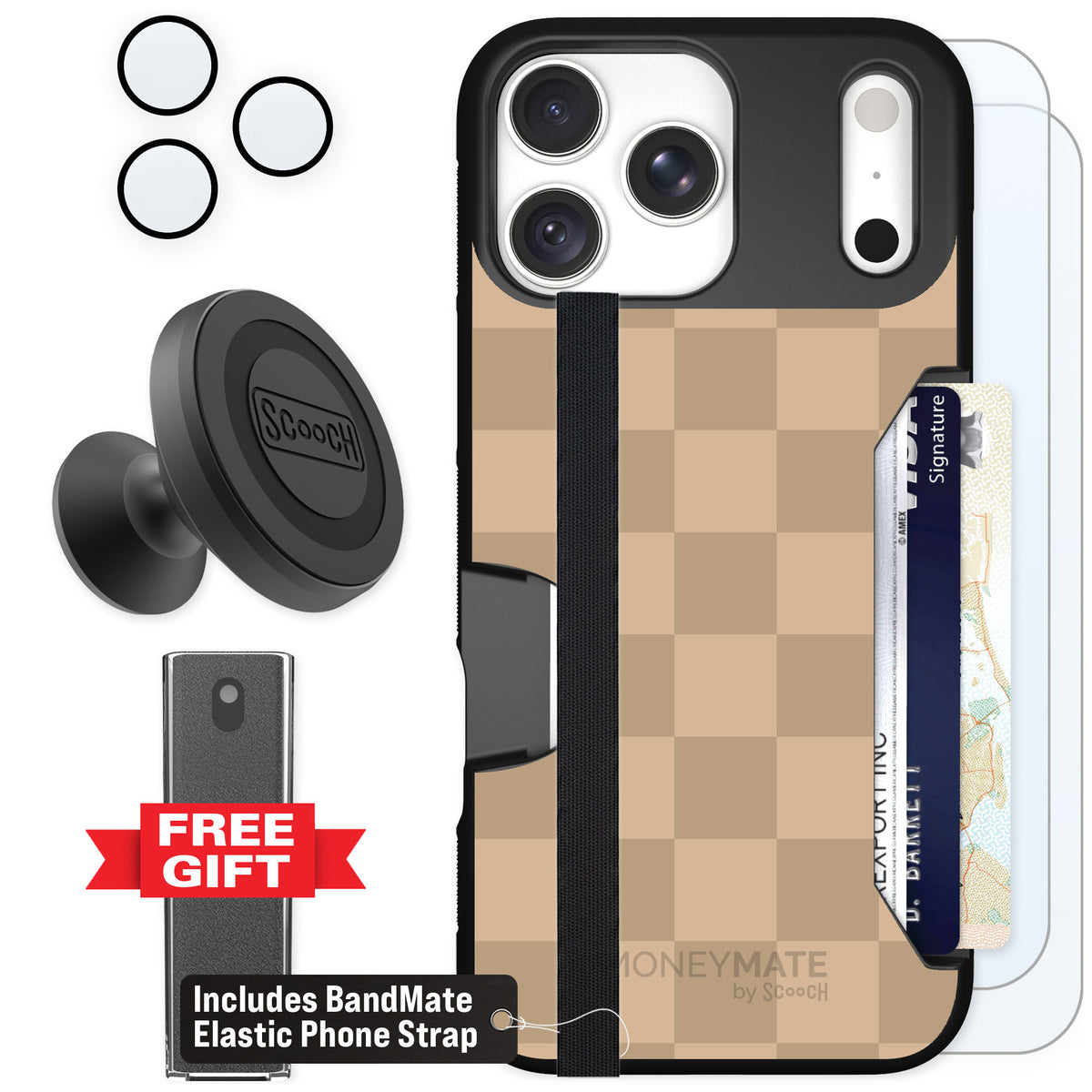 Scooch Moneymate Checkered Beige for iPhone 18 Pro Max β Defender Bundle