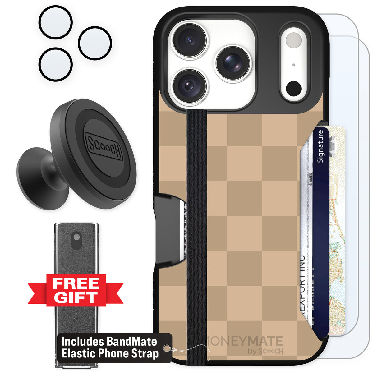 Scooch Moneymate Checkered Beige for iPhone 18 Pro β Defender Bundle