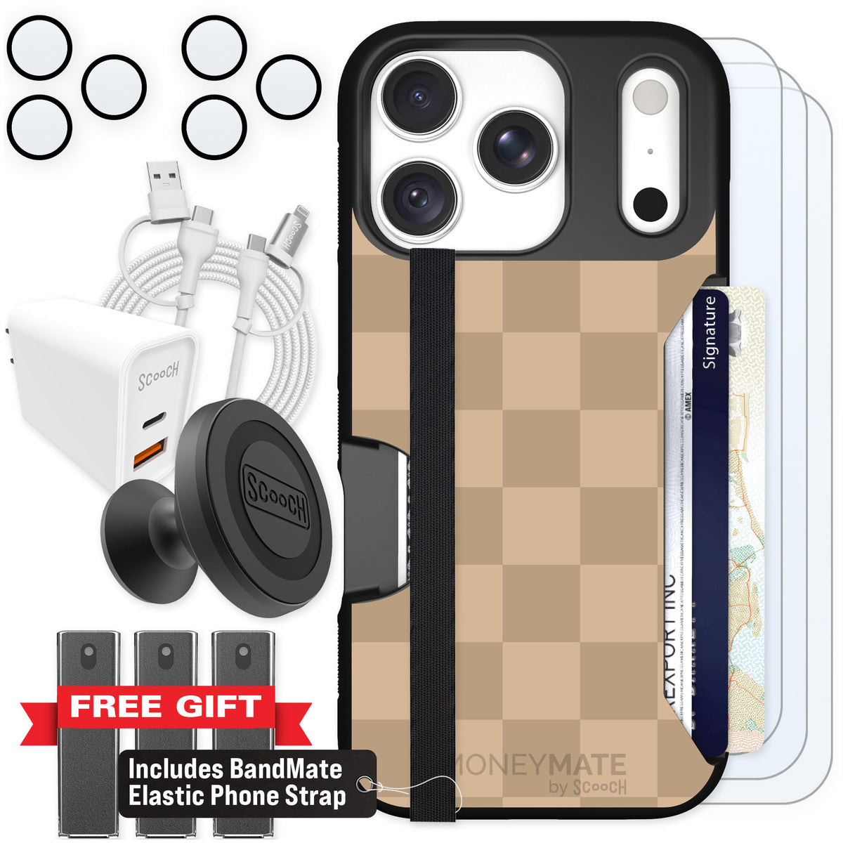 Scooch Moneymate Checkered Beige for iPhone 18 Pro β Ultimate Bundle