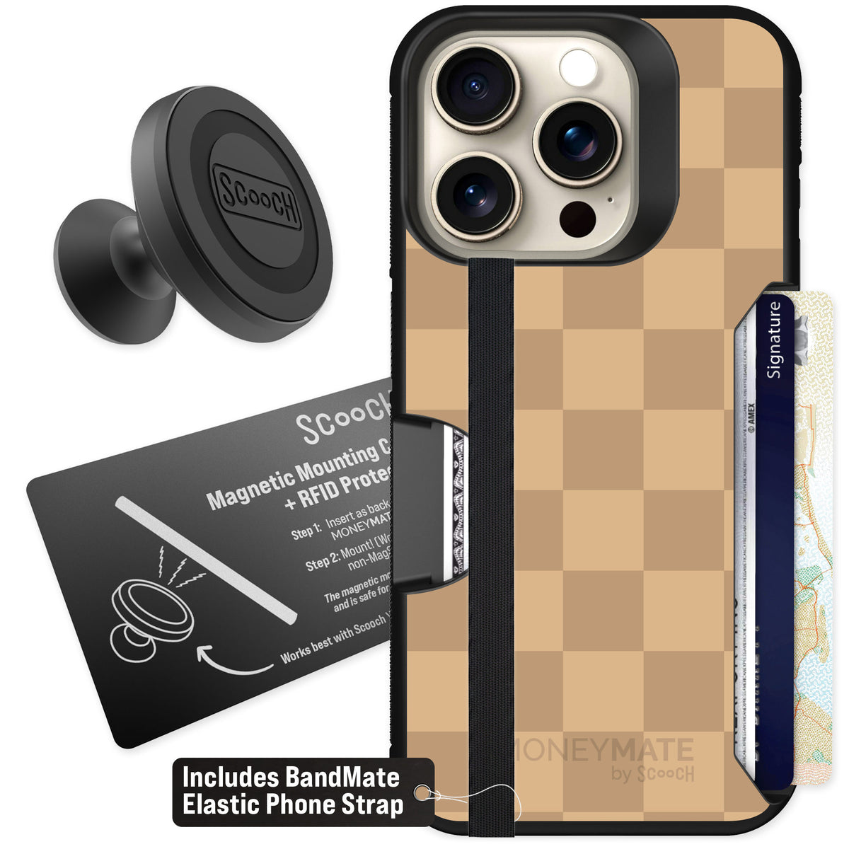 Scooch Moneymate Checkered Beige for iPhone 15 Pro β Starter Bundle