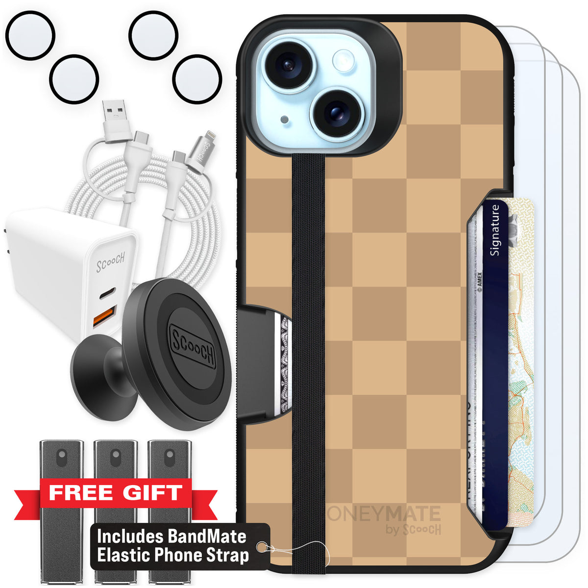 Scooch Moneymate Checkered Beige for iPhone 15 β Ultimate Bundle