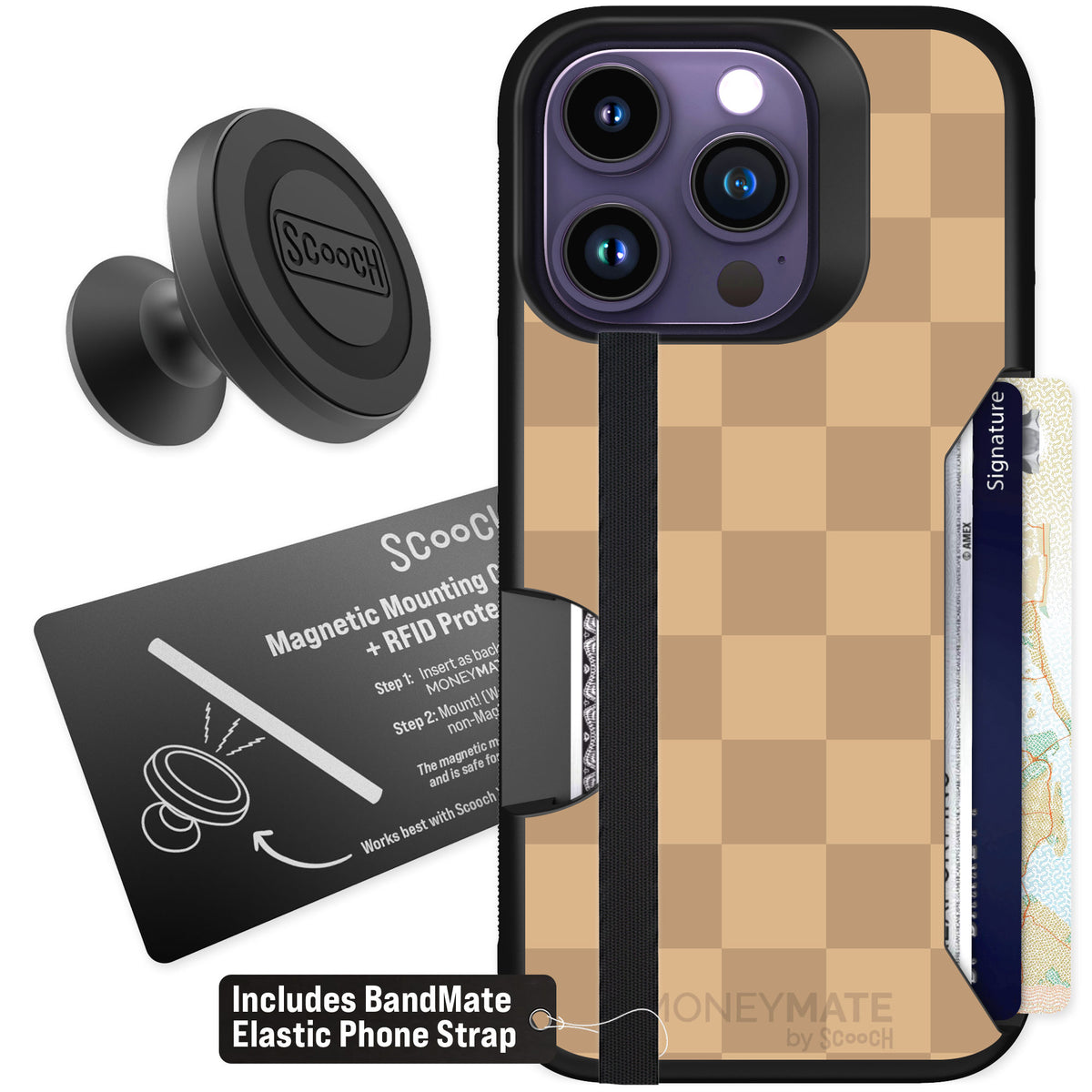 Scooch Moneymate Checkered Beige for iPhone 14 Pro β Starter Bundle