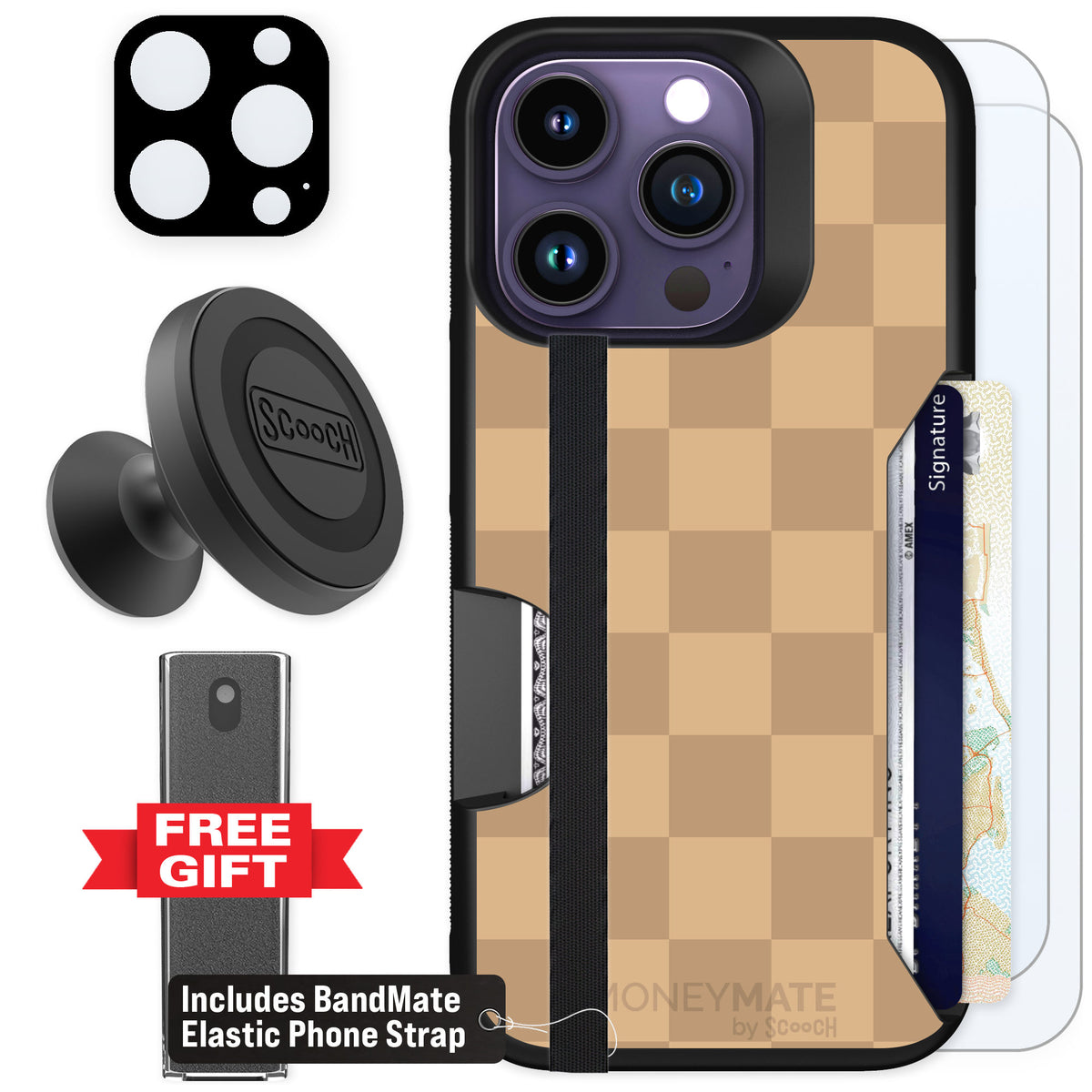 Scooch Moneymate Checkered Beige for iPhone 14 Pro β Defender Bundle