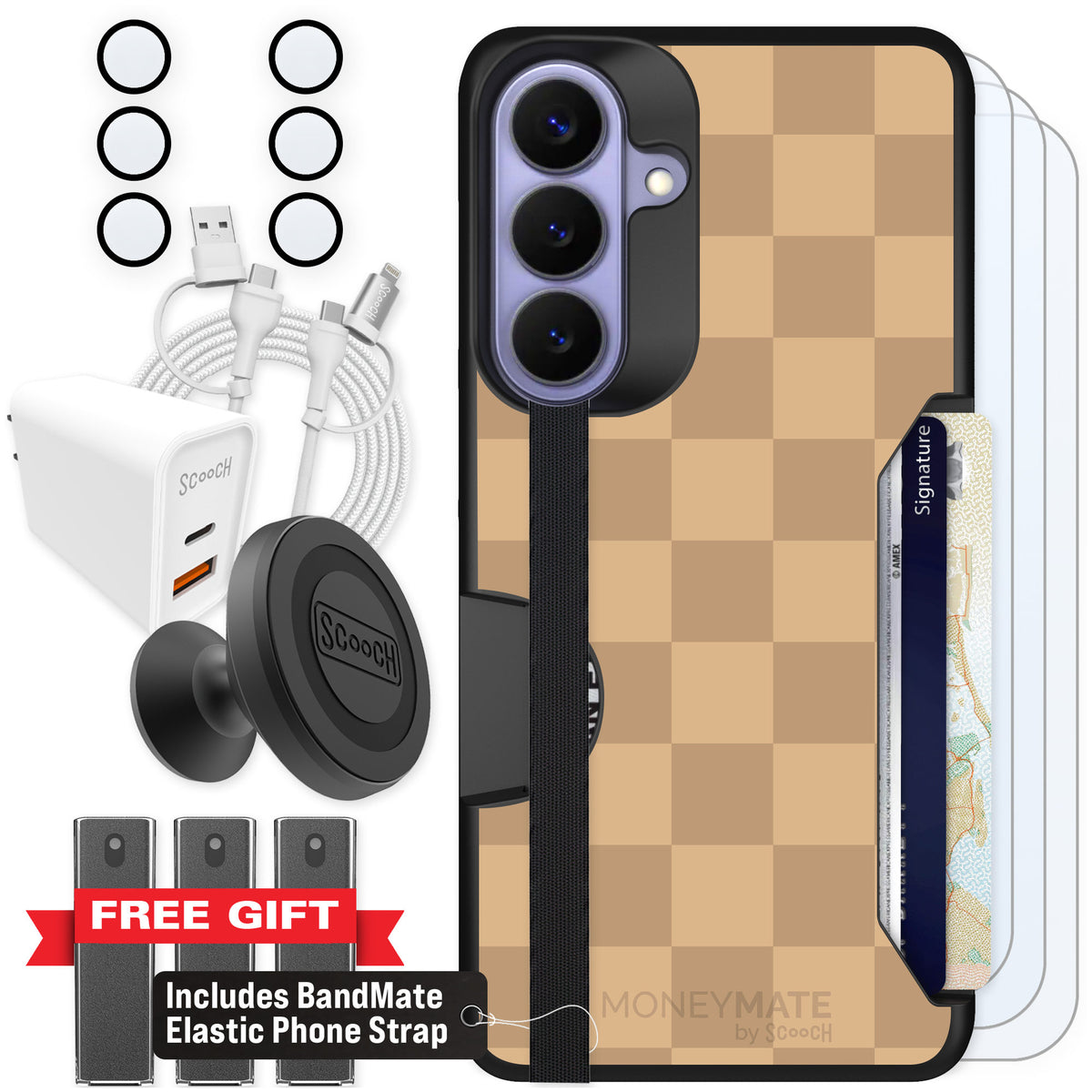 Scooch Moneymate Checkered Beige for Galaxy S26+ β Ultimate Bundle