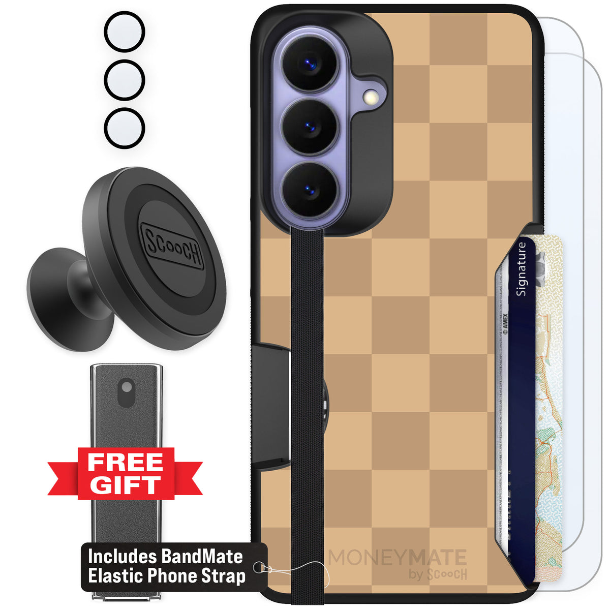 Scooch Moneymate Checkered Beige for Galaxy S26 β Defender Bundle
