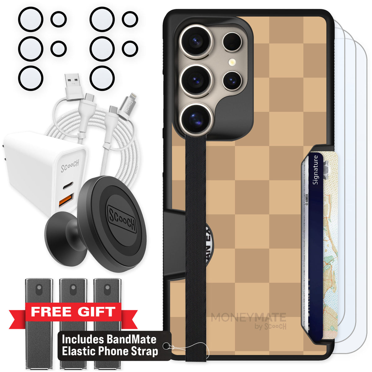 Scooch Moneymate Checkered Beige for Galaxy S25 Ultra β Ultimate Bundle