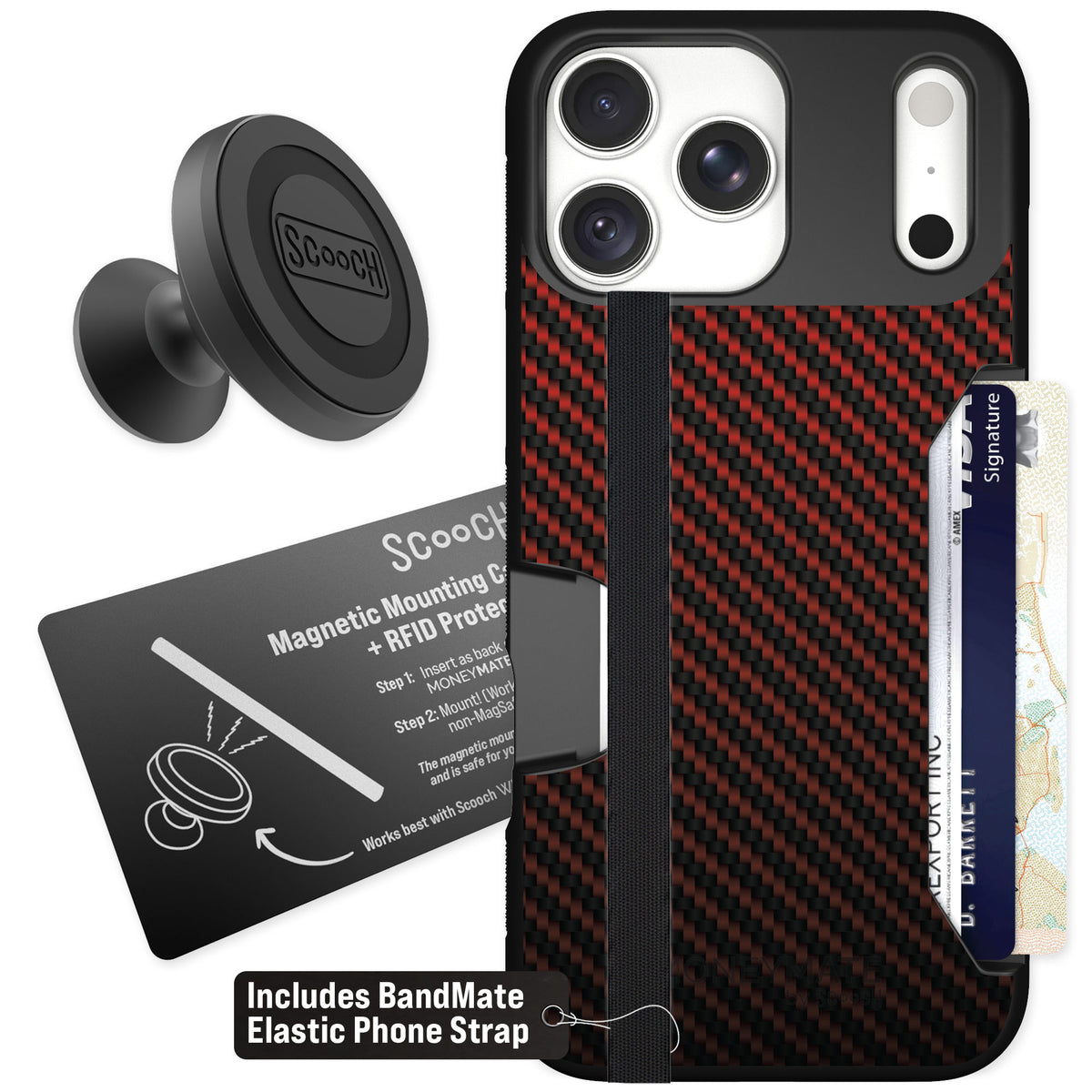 Scooch Moneymate Red Carbon Fiber for iPhone 18 Pro Max β Starter Bundle