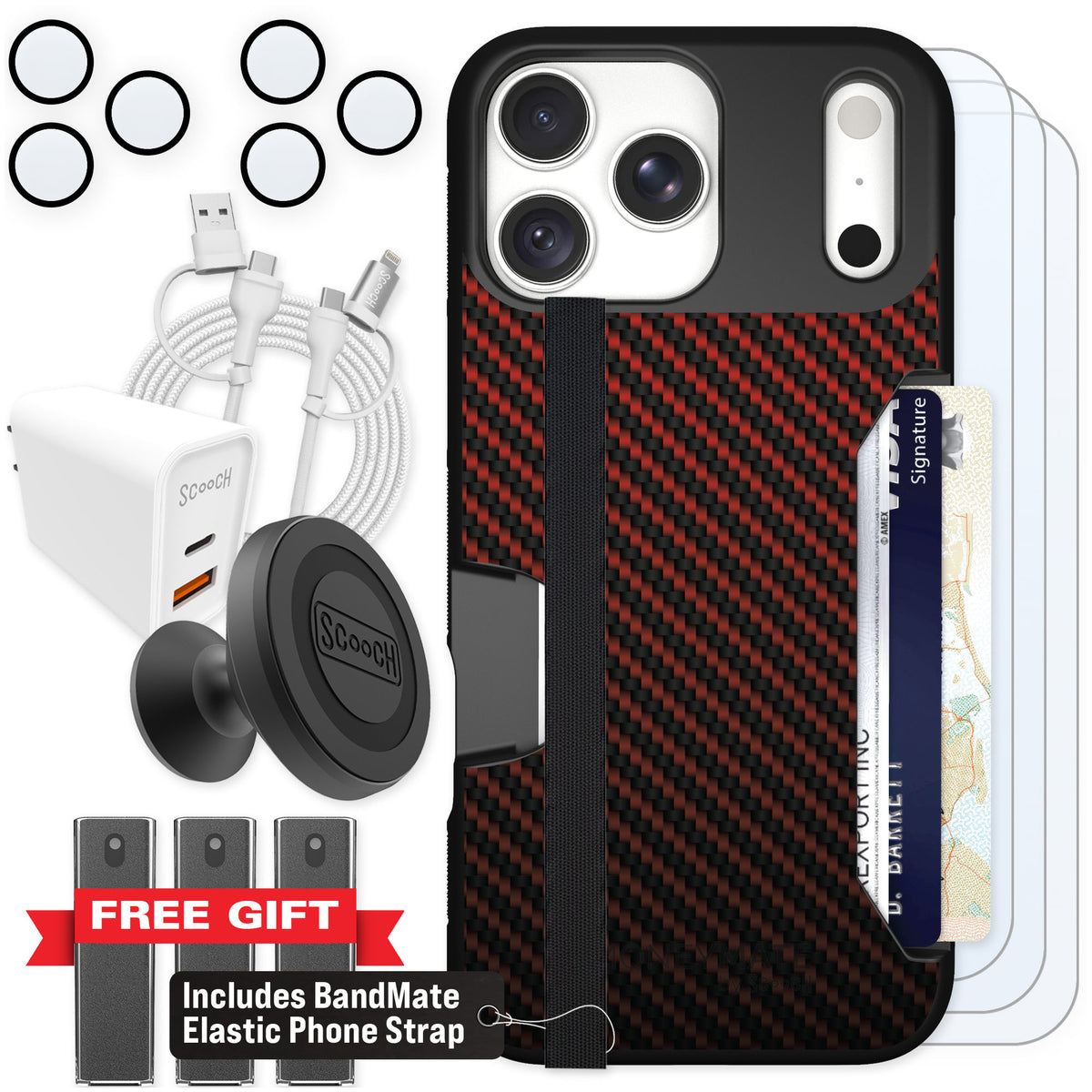 Scooch Moneymate Red Carbon Fiber for iPhone 18 Pro Max β Ultimate Bundle