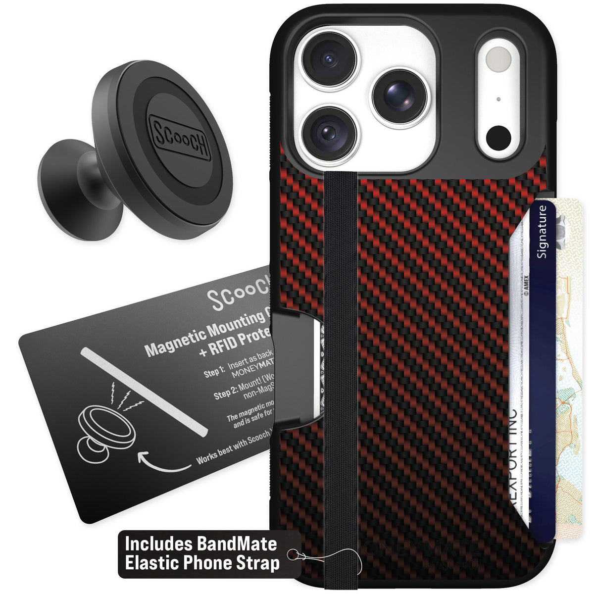 Scooch Moneymate Red Carbon Fiber for iPhone 18 Pro β Starter Bundle