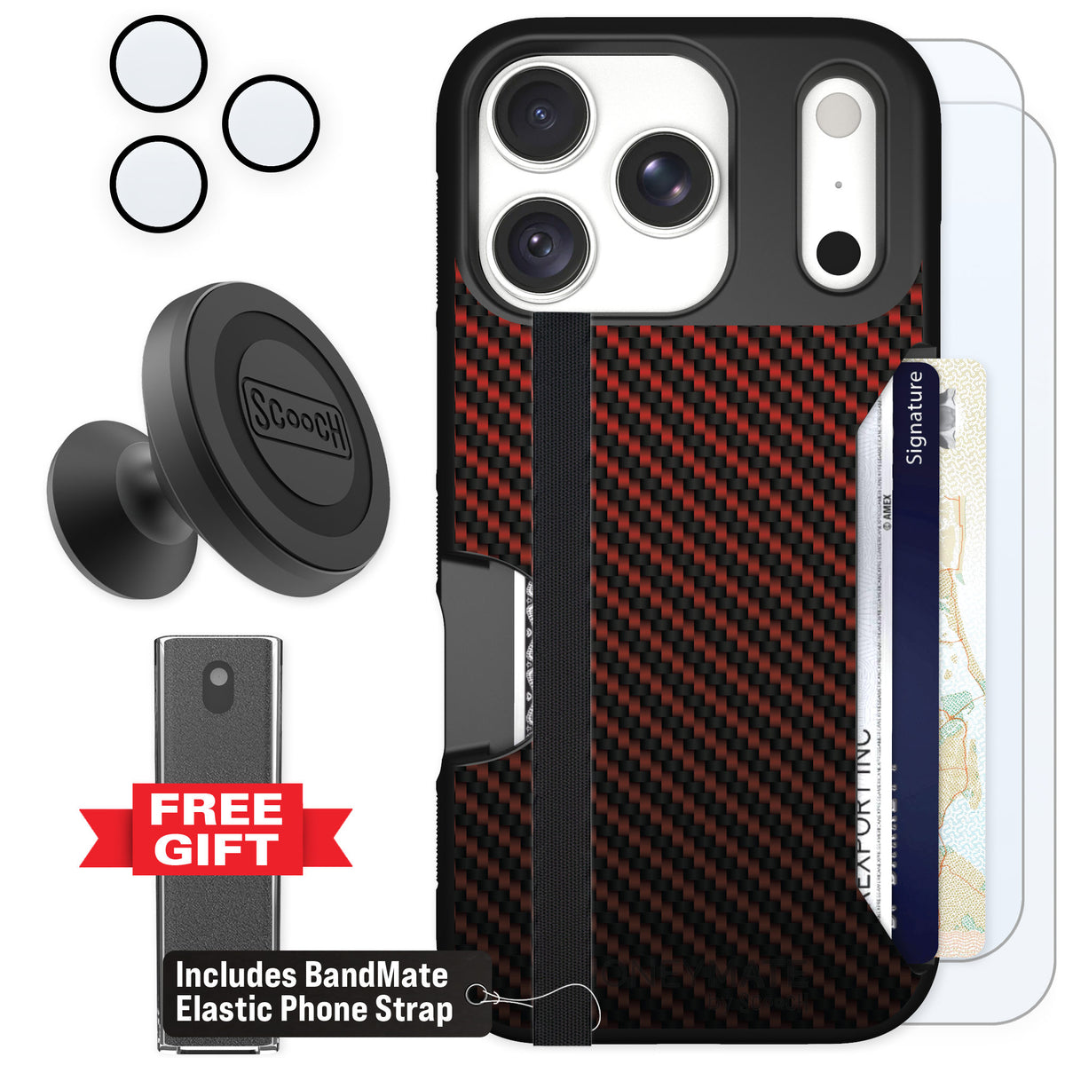 Scooch Moneymate Red Carbon Fiber for iPhone 18 Pro β Defender Bundle