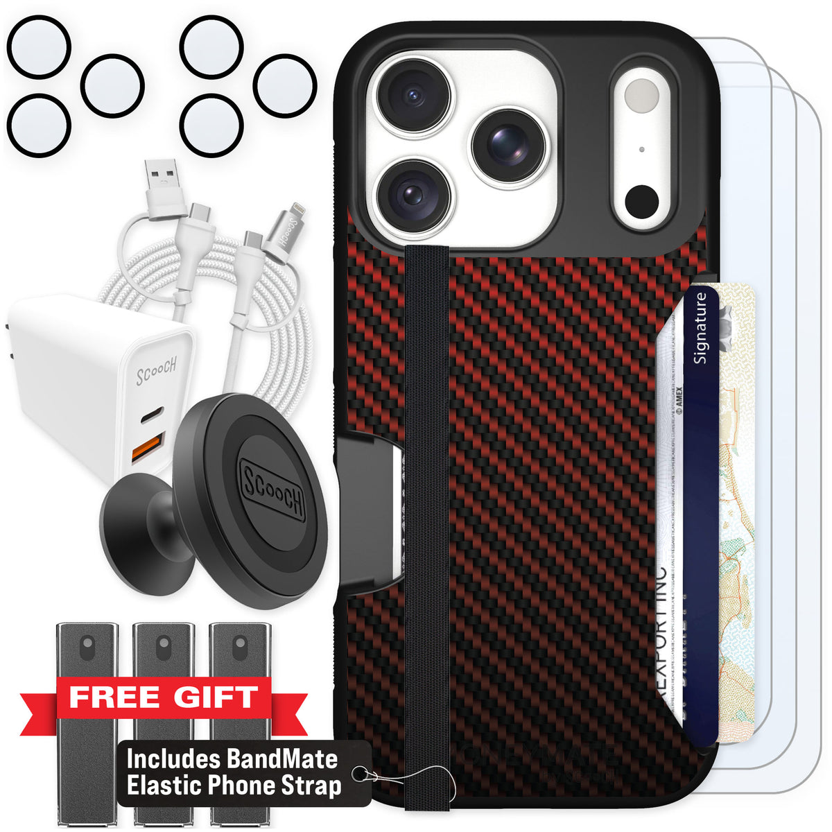 Scooch Moneymate Red Carbon Fiber for iPhone 18 Pro β Ultimate Bundle