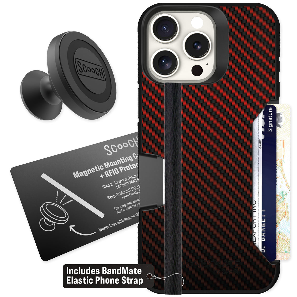 Scooch Moneymate Red Carbon Fiber for iPhone 16 Pro Max β Starter Bundle